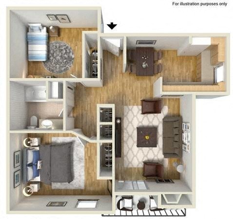 Floor plan for 2 beds, 1 bath, 846 sqft
